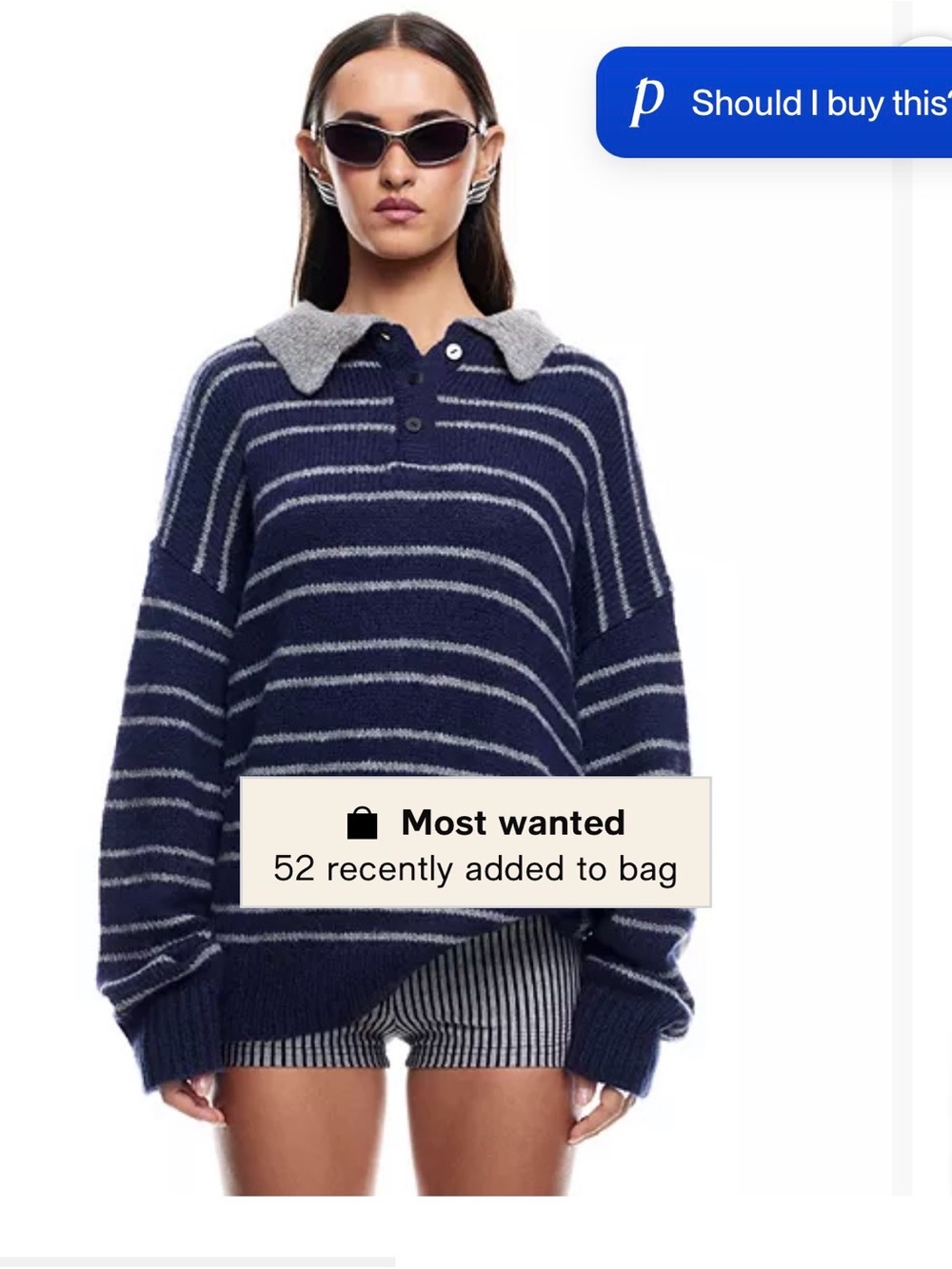 Lioness Navy and Light Gray Striped Polo-Collar Sweater